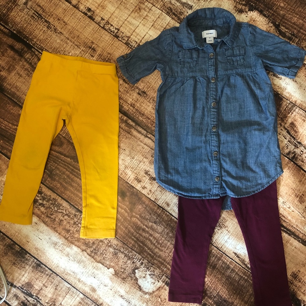 Old Navy Denim Shirt and 2 Pairs of Leggings